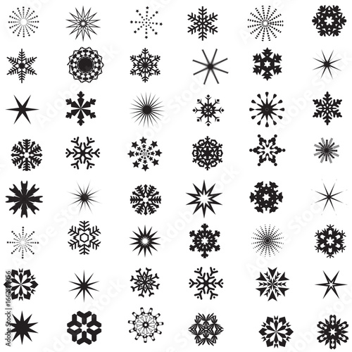 Collection of black snowflake shapes from simple to intricate designs arranged in a grid on white background.