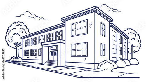 Illustration of a two story building with many windows and trees in a line art style drawing