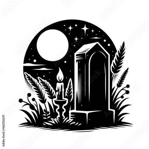 Cemetery scene in silhouette style in black and white representing remembrance