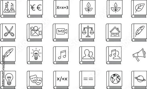 Educational Book Icons – Black and White Vector Set Featuring Subjects Like Math, Science, Arts, Communication, Law, and Innovation