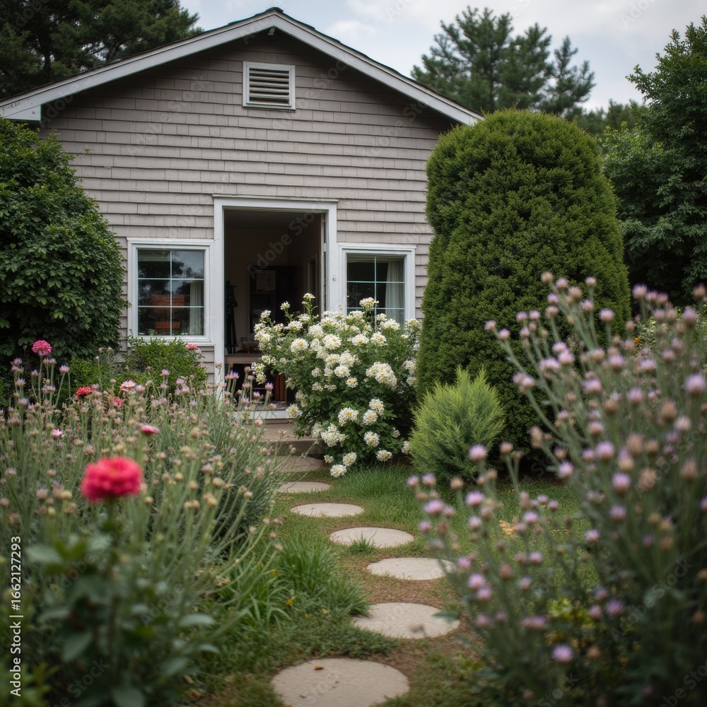 Naklejka premium Charming cottage with a stone pathway leading to the entrance amidst a vibrant garden