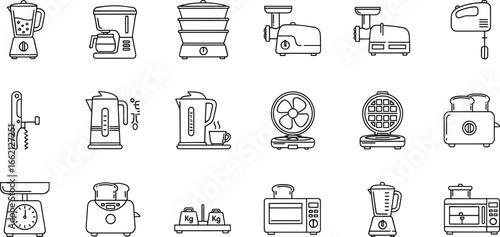 Kitchen Appliance Line Icons – Black and White Vector Set Featuring Cooking Tools, Food Prep Devices, Beverage Makers, and Essentials
