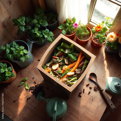 A high angle shot of potted plants and a wooden box filled with vegetables on a wooden surface