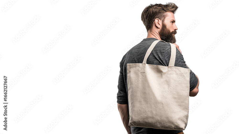 Fototapeta premium Man looking over shoulder with tote bag, isolated transparent background