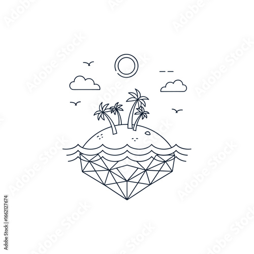 Abstract tropical island paradise floating on a geometric crystal ocean under a sunny sky