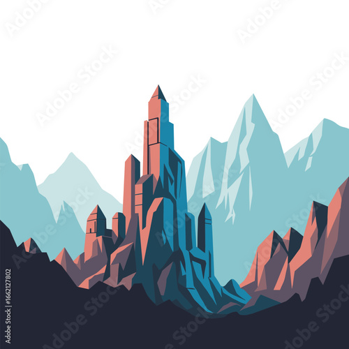 Majestic spire of crystalline rock formations dominating a rugged mountain landscape under a clear sky