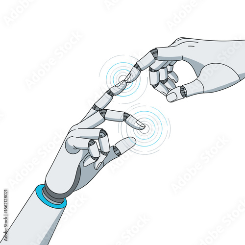 Two robotic hands reaching out to touch fingers in a symbolic gesture of connection and interaction