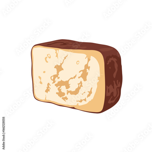 A delicious block of aged cheddar cheese with a rustic crust isolated on a white background