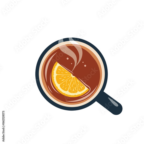 Top view of a warm steaming coffee cup with a fresh orange slice and subtle smoke trails