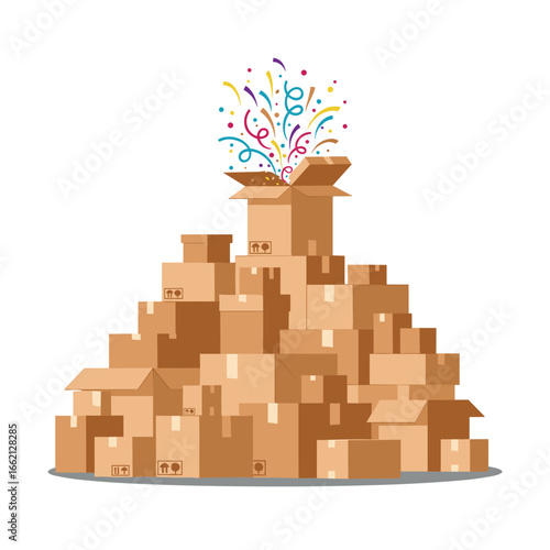 An abundance of cardboard boxes piled high with confetti bursting out of the top one