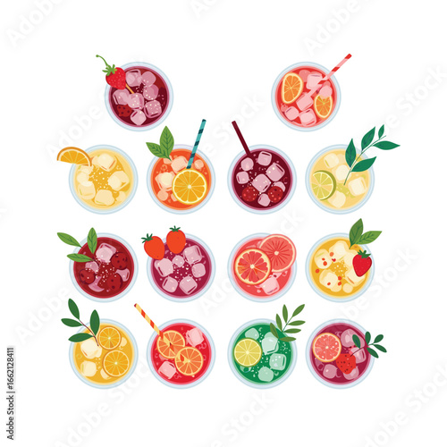 Collection of refreshing cold drinks garnished with fruits and herbs perfect for summer celebrations
