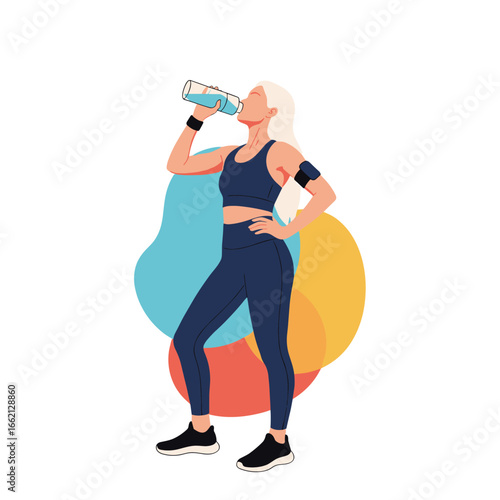 A fit woman in activewear drinks water after a workout hydration and wellness concept