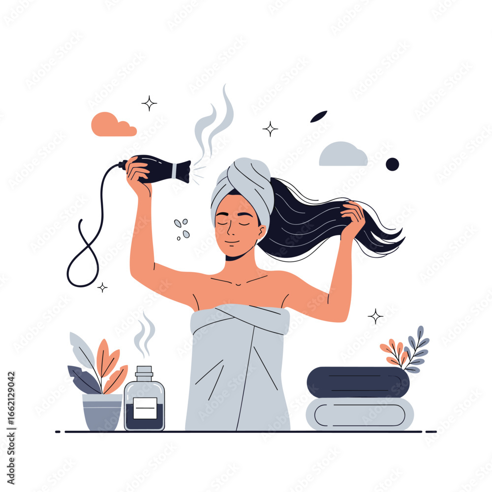Fototapeta A woman dries her long dark hair after a shower using a black hair dryer with steam rising from the hair