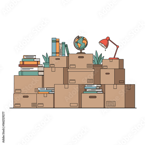 Packing up and moving out a colorful illustration of moving boxes and home essentials
