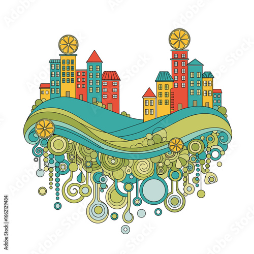Whimsical cityscape with organic shapes and vibrant colors creating an enchanting urban environment