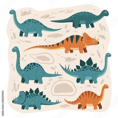 A diverse collection of prehistoric dinosaur species roaming ancient earth environments