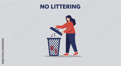 A responsible young woman in a modern flat illustration style is actively placing garbage into a designated trash bin, promoting a clean environment and anti-littering message.