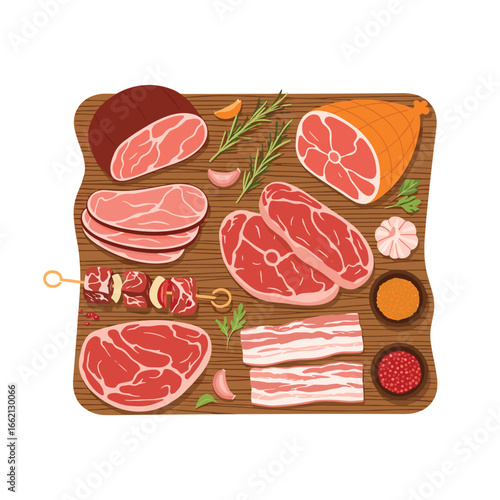 A generous assortment of premium raw meat cuts and savory seasonings ready for grilling