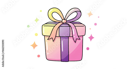 A charming cartoon gift box with a pastel gradient tied with a large colorful ribbon bow and surrounded by sparkles.