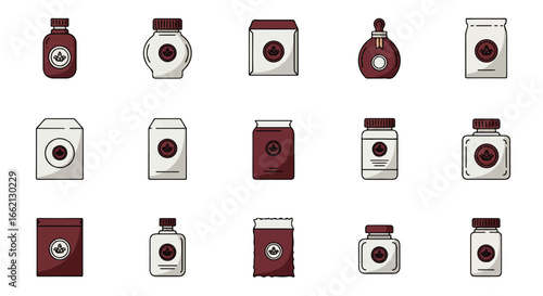 A collection of flat line art icons showing various herbal product containers including bottles jars and pouches with a leaf logo.