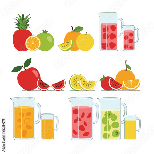 Colorful assortment of fresh fruit juices and whole fruits displayed in a bright and lively arrangement for healthy refreshment