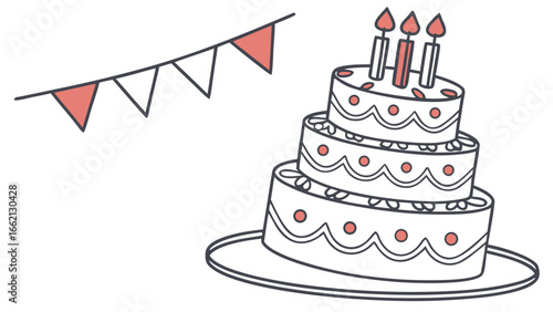 Illustration of a three tier cake with candles and a banner on a white background scene design