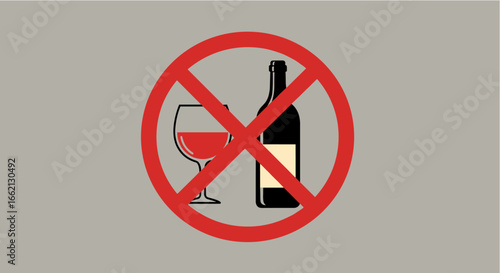 Red prohibition sign with a wineglass and wine bottle, symbolizing a ban on alcohol consumption, promoting a healthy lifestyle choice and responsible drinking habits, ideal for health campaigns and