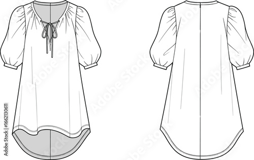 Women blouse flat sketch, puff sleeve tunic top with bow tie neckline, curved hem shirt cad drawing vector template