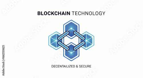 A modern blue hexagonal icon representing blockchain technology with interconnected glowing chain links.