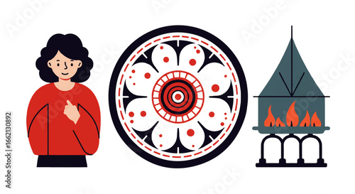 A set of three modern flat illustrations a woman a decorative mandala wheel and a stylized fireplace.