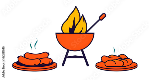 summer party barbecue, garden bbq vector, outdoor feast illustration, cookout grill vector, smoker grill icon, kitchen barbecue vector, retro bbq illustration, hot grill vector, burning grill icon, ba