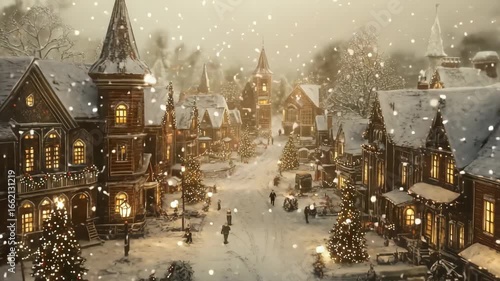Charming winter village scene with snow falling, captured from a high angle. Warm lights glow from windows, evoking a cozy holiday video atmosphere. Live desktop wallpaper.