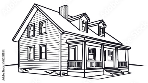 Illustration of a two story house with a porch and chimney in black and white outline style