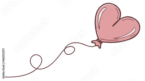 Aesthetic illustration of a pink heart shaped balloon with a curly string on a white background design