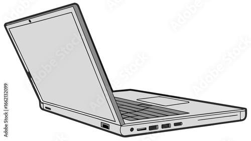 Illustration of an open laptop with a gray screen and keyboard viewed from a side angle perspective