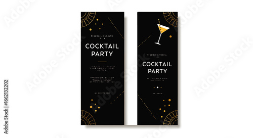 Elegant black and gold cocktail party invitation banners with Art Deco style elements and a martini glass illustration.