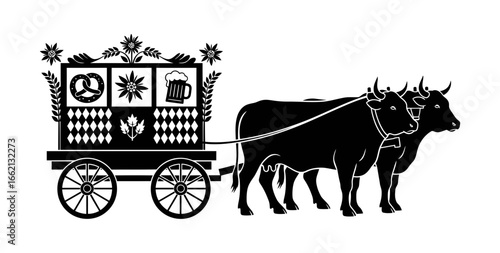 Oktoberfest vector art of ox cart with beer, pretzel and wheat for oktoberfest celebration in bavaria vector