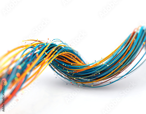 Abstract depiction of colorful, flowing strands against a bright white background, creating a dynamic visual.
