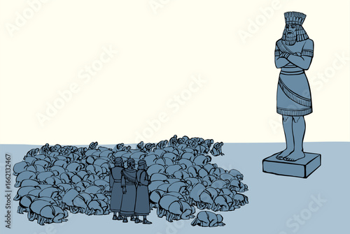 Vector drawing. People bowing befor idol