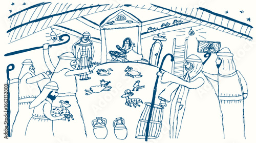 Vector drawing. Men greeting Mary in the barn
