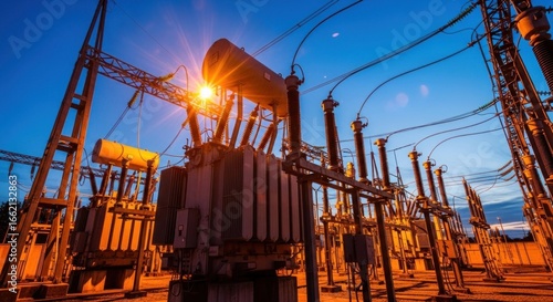 Electrical substation at twilight with transformers and power lines