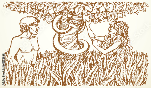 Vector drawing. Adam and Eve at the tree