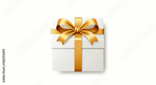 Elegant white gift box wrapped with a shiny realistic golden satin ribbon and bow.