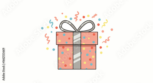 Festive pink polka dot gift box with a shiny silver ribbon and bow surrounded by colorful confetti.