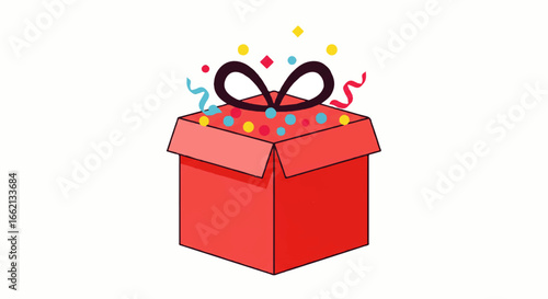 Festive red gift box illustration with a dark bow colorful streamers and confetti.