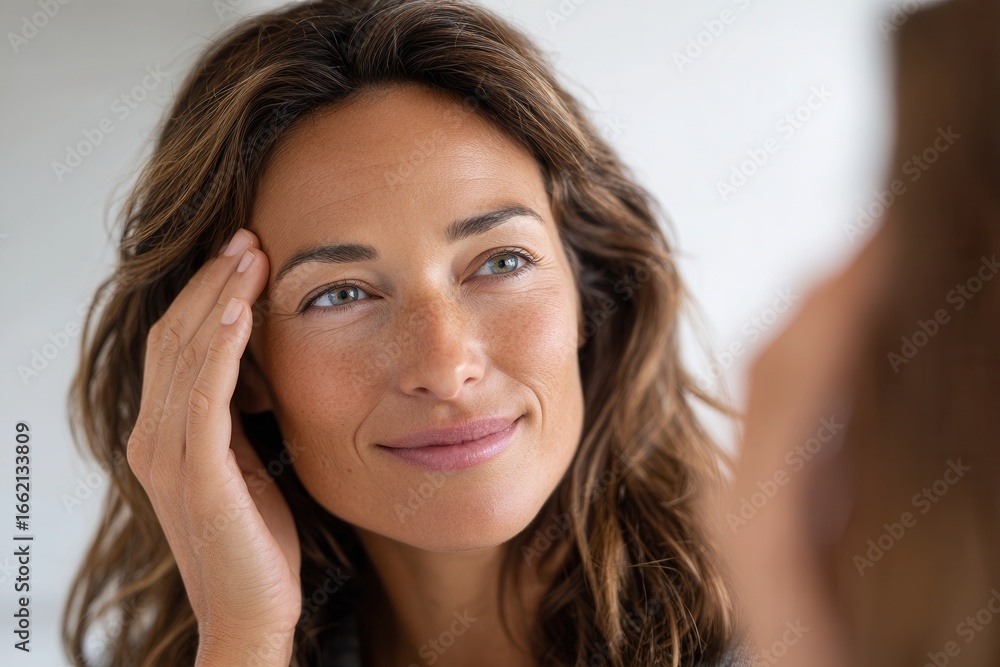 Obraz premium A woman with long hair smiles gently while looking at her reflection in a mirror. The setting is bright and inviting, conveying a sense of self-care and confidence.