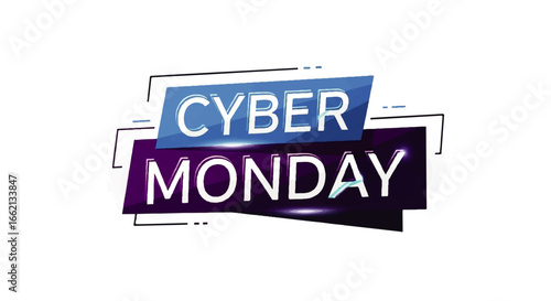 Futuristic Cyber Monday text on angled blue and purple banners with digital glitch lines.