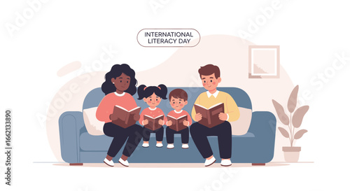 Family reading together on a sofa celebrating International Literacy Day