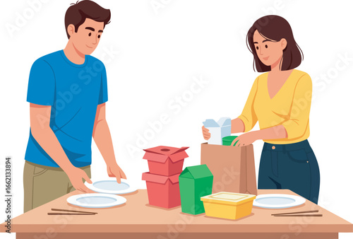 A young couple unpacks takeout food, preparing a meal together at their dining table.