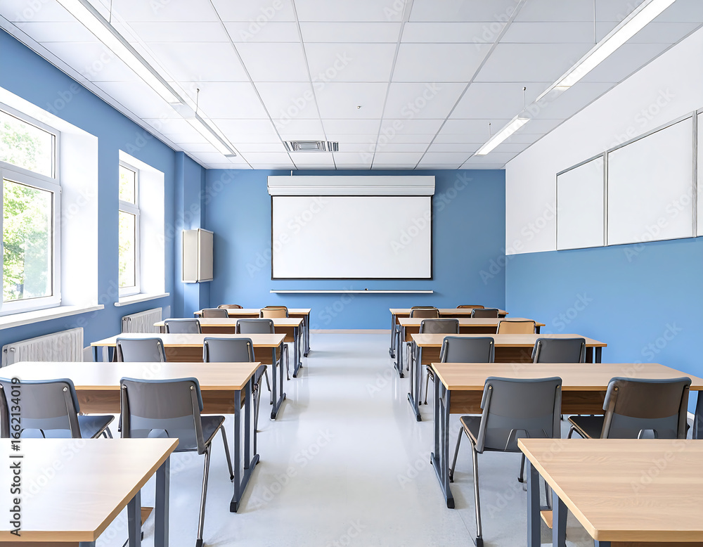 Fototapeta premium An empty classroom with desks, chairs, a projector screen, and windows.